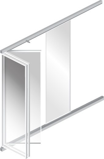 Illustratie van glazen schuifwand waarbij panelen schuiven en open draaien aan het uiteinde